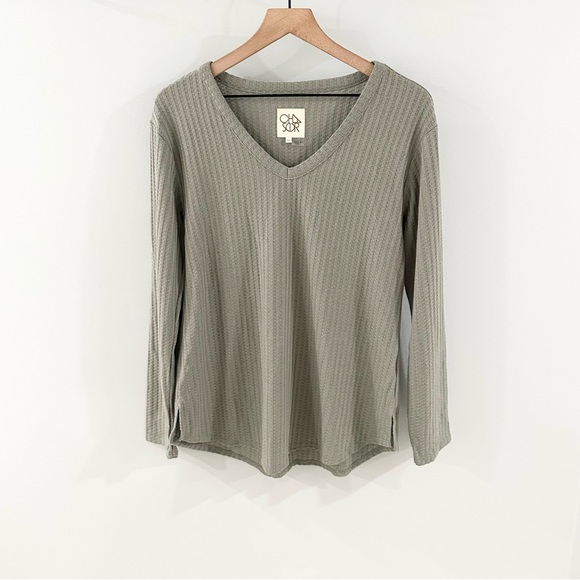 Chaser Waffle Knit V-Neck Tunic Light Olive Size Medium - Picture 4 of 8